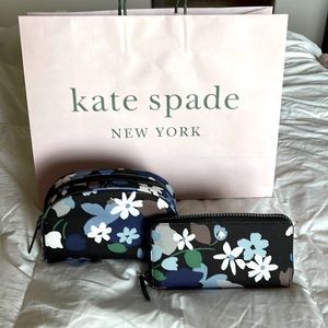 Kate Spade Black Jae Bloom Continental Floral Canvas Wallet and Cosmetic Bag